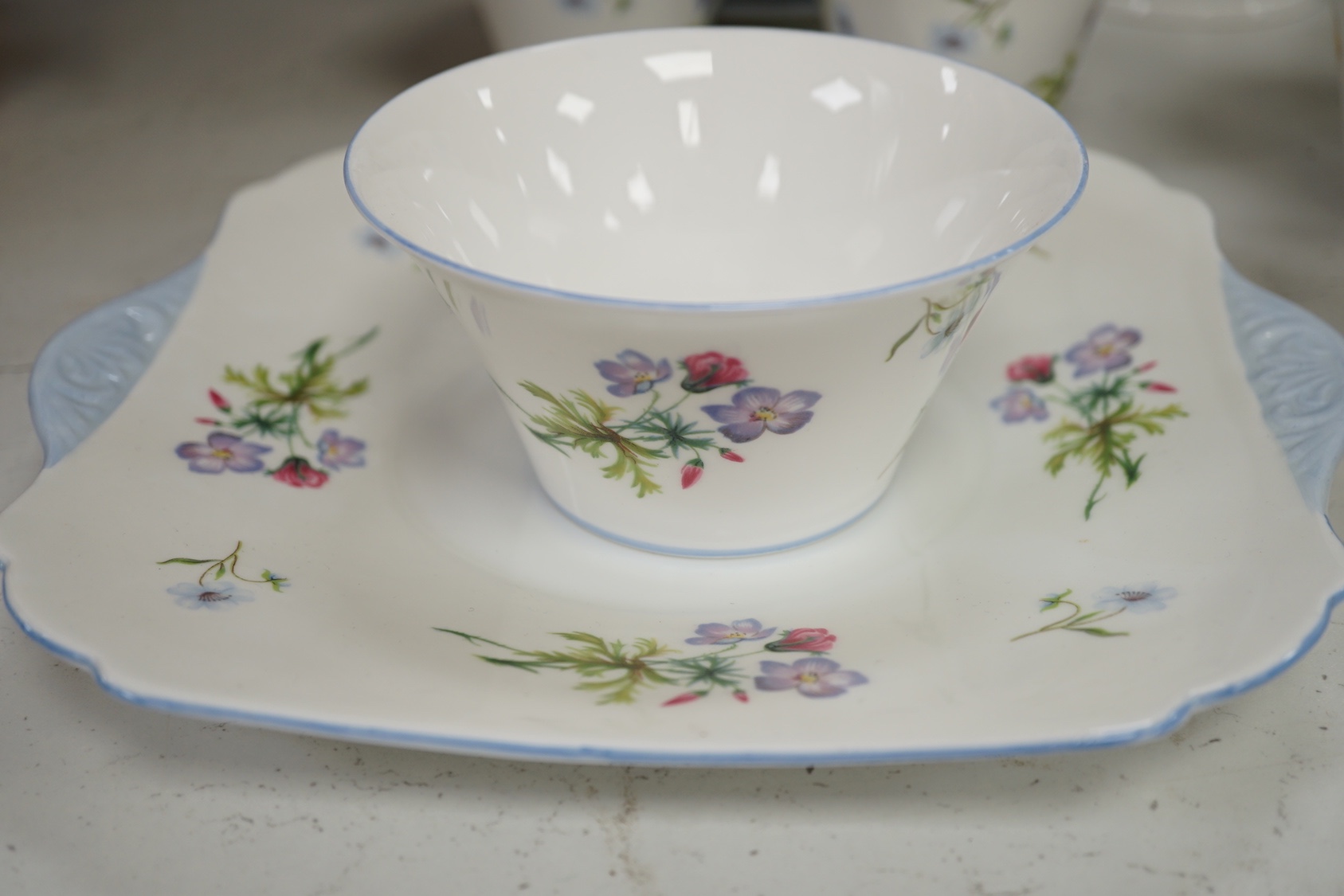 Large quantity of Shelley tea wares to include Syringo 12025, Wild Flowers 2823, Hydrangea 12318, WR 078 and Wild Flowers 13668